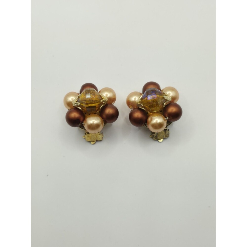 Cluster Beaded Clip-On Earthtone VTG Earrings Hong Kong 1"